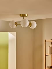 MADE.COM Brass/Opal Glass Globe 3 Light Flush Fitting Ceiling Light - Image 1 of 6