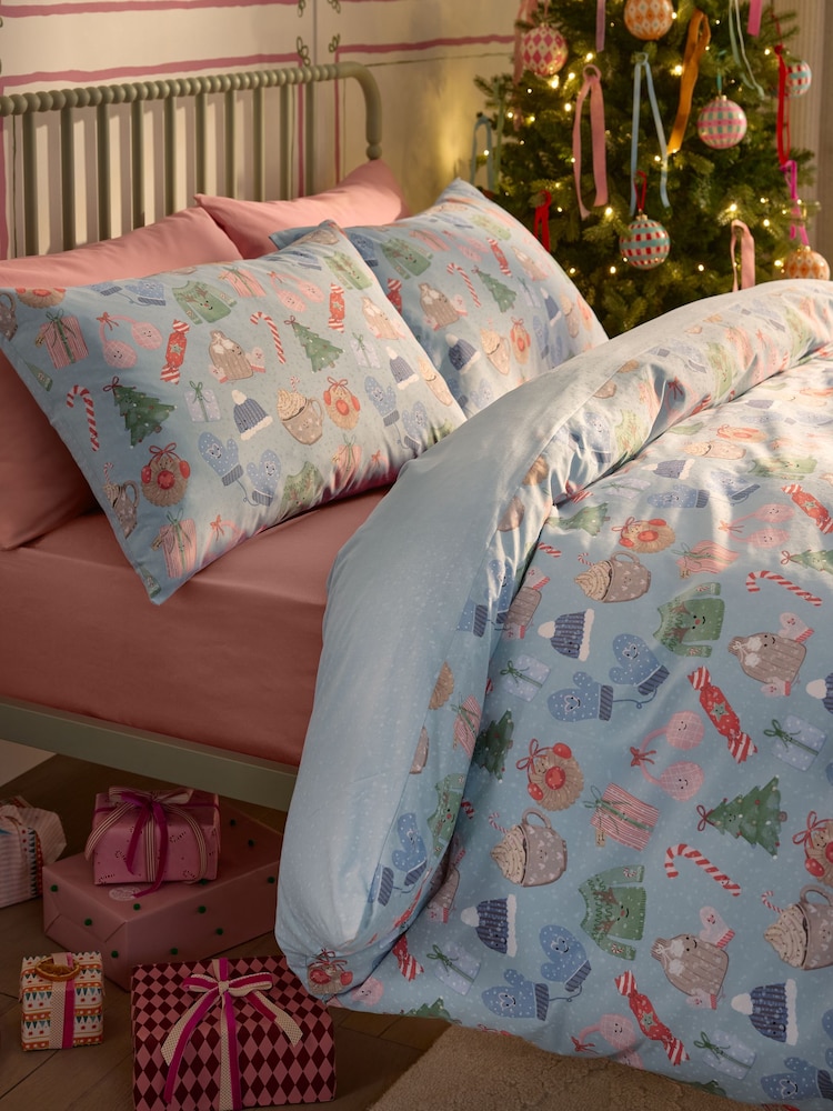 Blue Smiling Icons Christmas Reversible Duvet Cover and Pillowcase Set - Image 1 of 7 Blue Smiling Icons Christmas Reversible Duvet Cover and Pillowcase Set - Image 1 of 7