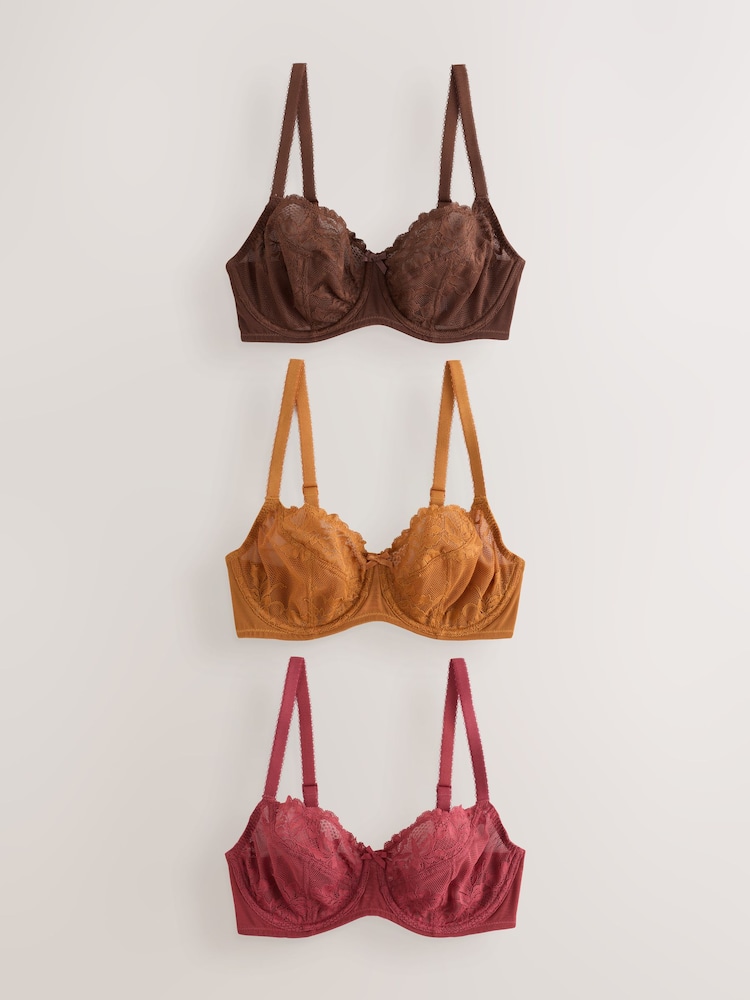 Burgundy Red/Chocolate/Yellow Non Padded Balcony DD+ Lace Bras 3 Pack - Image 1 of 18 Burgundy Red/Chocolate/Yellow Non Padded Balcony DD+ Lace Bras 3 Pack - Image 1 of 18