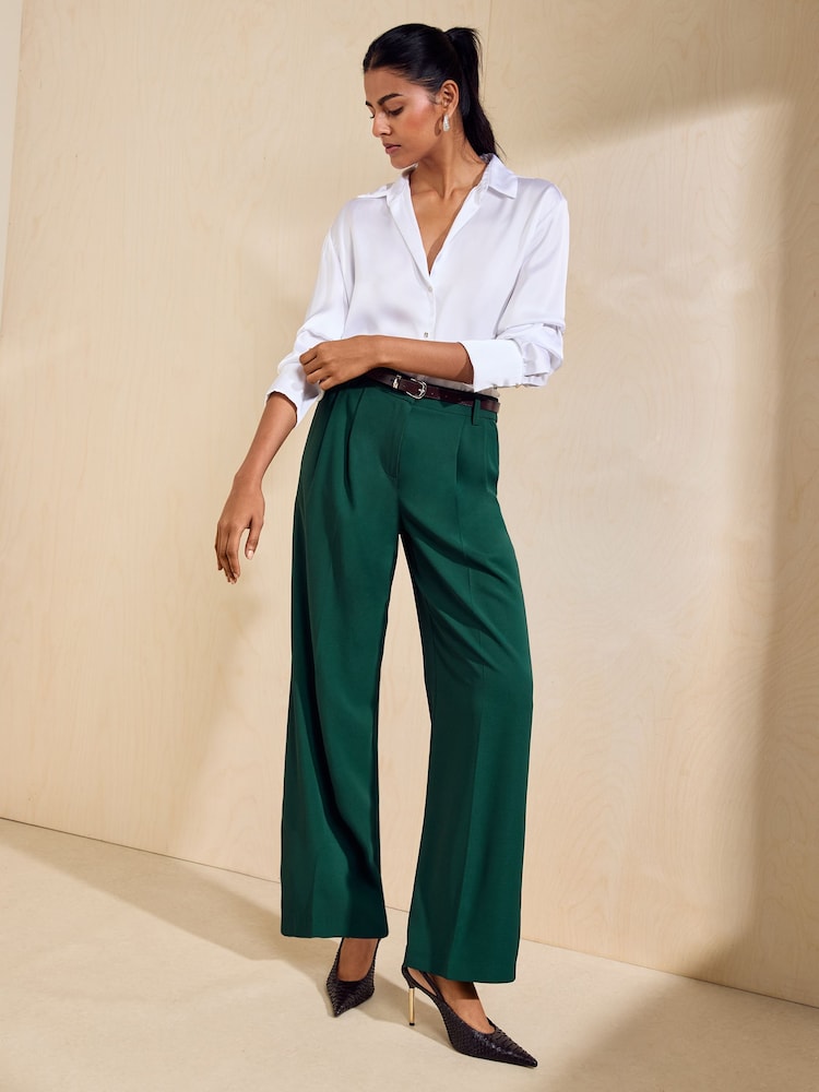 Friends Like These Pine Green Lightweight Elastic Back Tailored Wide Leg Trousers - Image 1 of 5