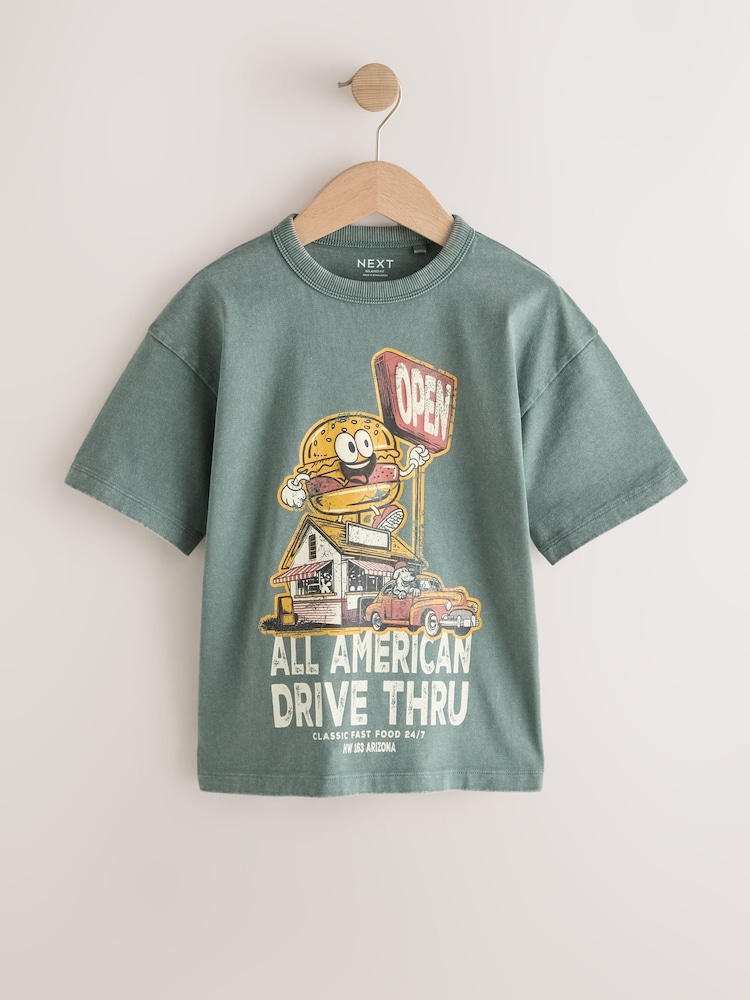 Teal Blue Burger Washed Graphic T-Shirt (3-16yrs) - Image 1 of 4