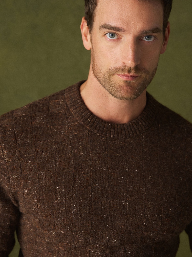 Brown Textured Crew Neck Jumper - Image 1 of 6