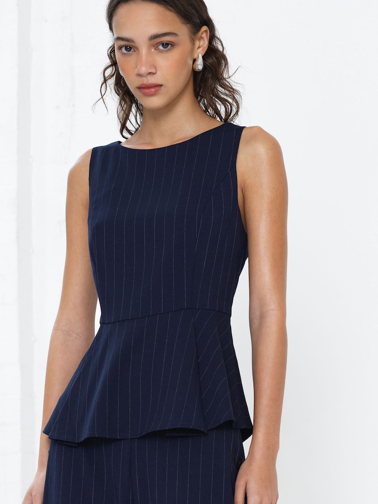 French Connection Blue Alia Pinstripe Peplim Top - Image 1 of 6