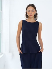 French Connection Blue Alia Pinstripe Peplim Top - Image 4 of 6