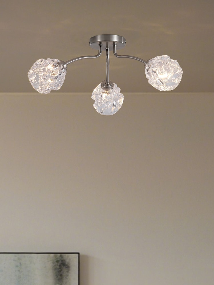 Searchlight Satin Nickel 3 Light Textured Glass Flush - Image 1 of 5