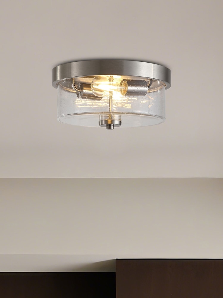 Searchlight Satin Silver and Clear 2 Light Seeded Glass Flush - Image 1 of 5