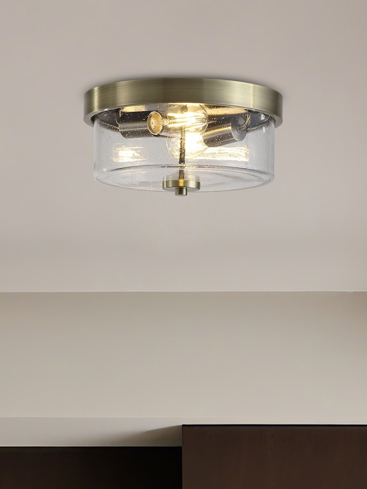 Searchlight Antique Brass and Clear 2 Light Seeded Glass Flush - Image 1 of 5 Searchlight Antique Brass and Clear 2 Light Seeded Glass Flush - Image 1 of 5