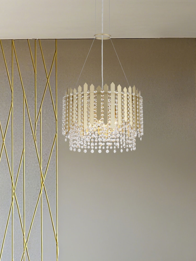 Searchlight Gold and Clear 8 Light Metal & Clear Crystal Pendant - Image 1 of 5