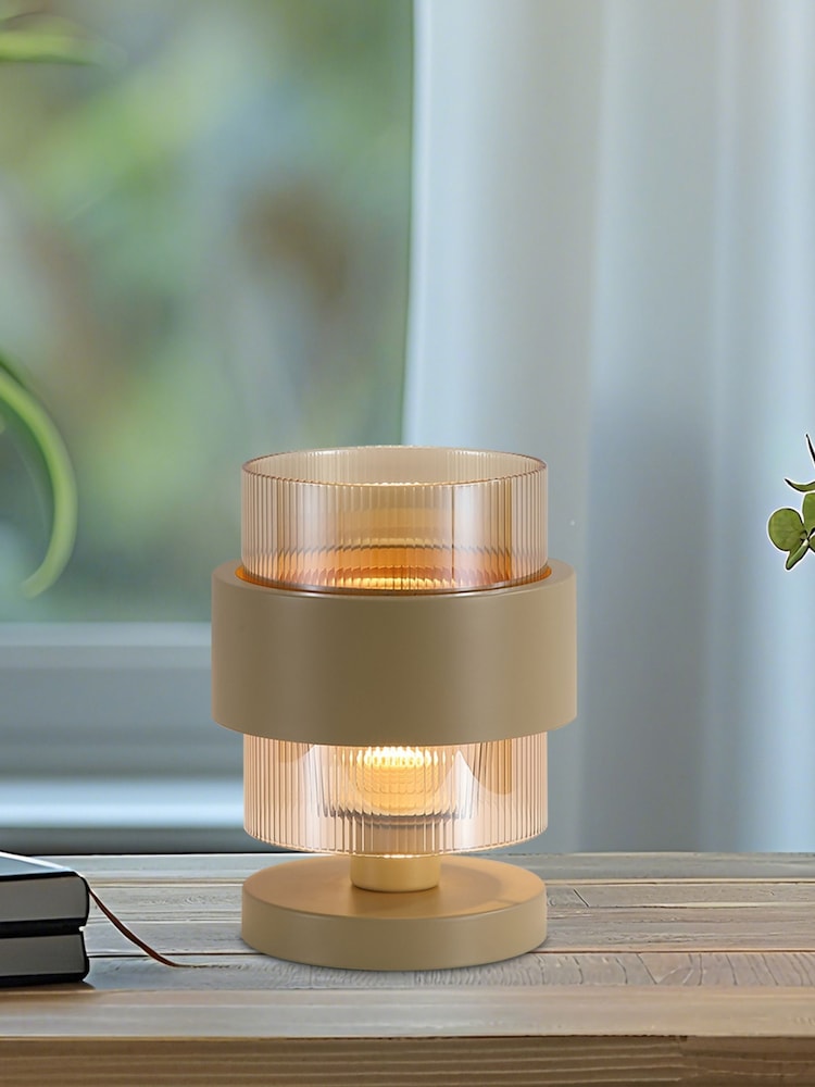 Searchlight Sand and Amber 1 Light Metal & Glass Ribbed Table Lamp - Image 1 of 5 Searchlight Sand and Amber 1 Light Metal & Glass Ribbed Table Lamp - Image 1 of 5