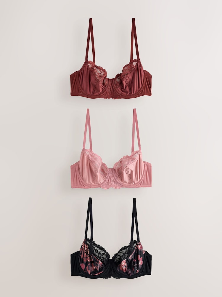 Black Print/Rust/Pink Full Cup Non Padded Full Cup Bras 3 Pack - Image 1 of 12 Black Print/Rust/Pink Full Cup Non Padded Full Cup Bras 3 Pack - Image 1 of 12