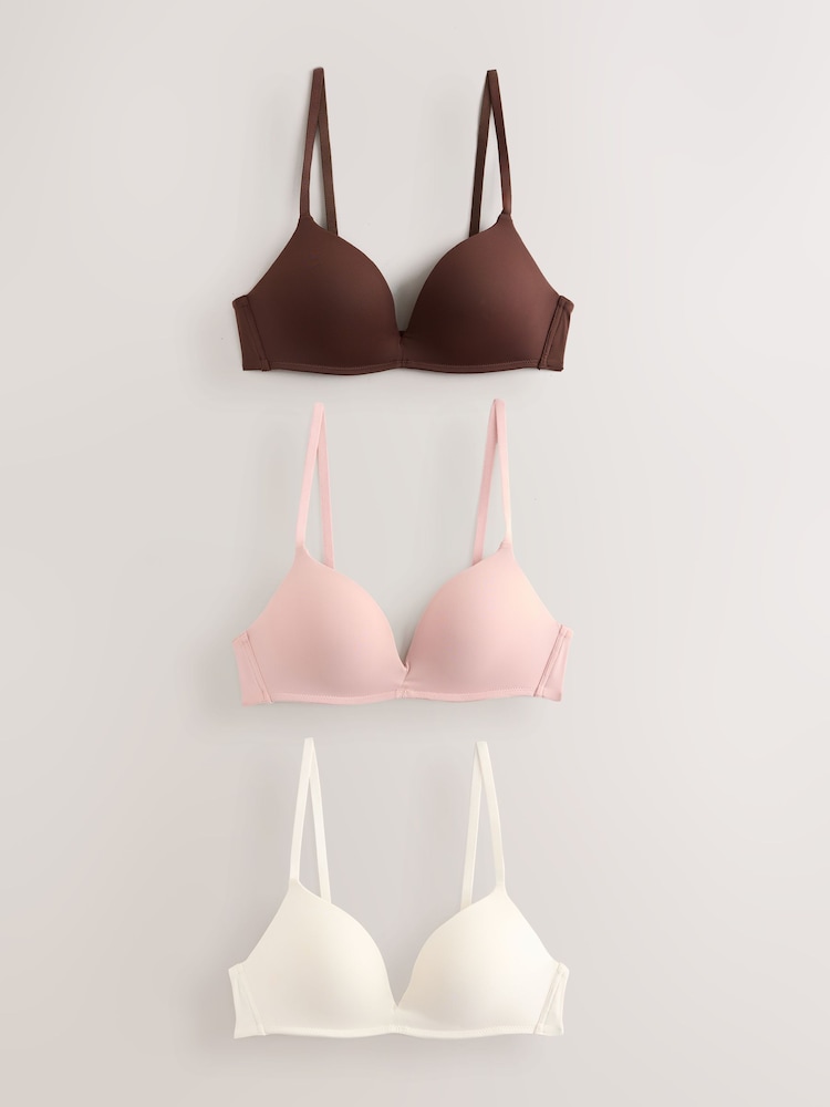Chocolate/Pink/Cream Non Wired Push Up A-E Ultimate Comfort Smoothing T-Shirt Bras 3 Pack - Image 1 of 10 Chocolate/Pink/Cream Non Wired Push Up A-E Ultimate Comfort Smoothing T-Shirt Bras 3 Pack - Image 1 of 10
