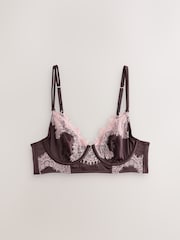 Chocolate Brown Non Padded Plunge High Shine Satin & Lace Bra - Image 5 of 7