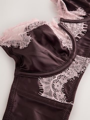 Chocolate Brown Non Padded Plunge High Shine Satin & Lace Bra - Image 7 of 7