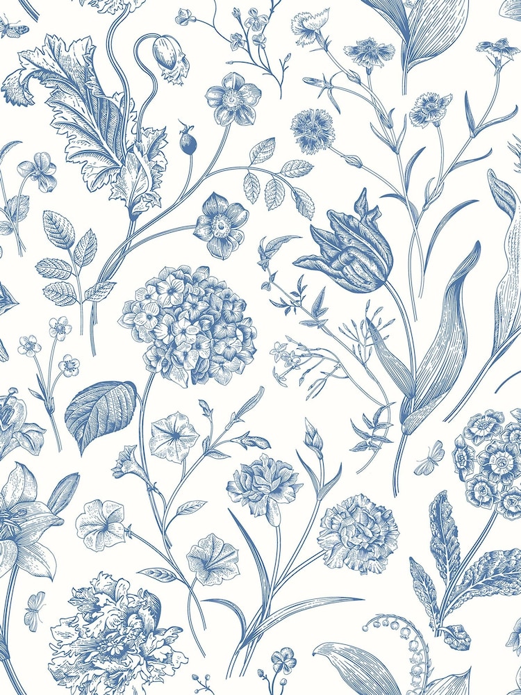 Hoopla Walls Royal Blue Floral Toile Sage A4 Wallpaper Sample - Image 1 of 1
