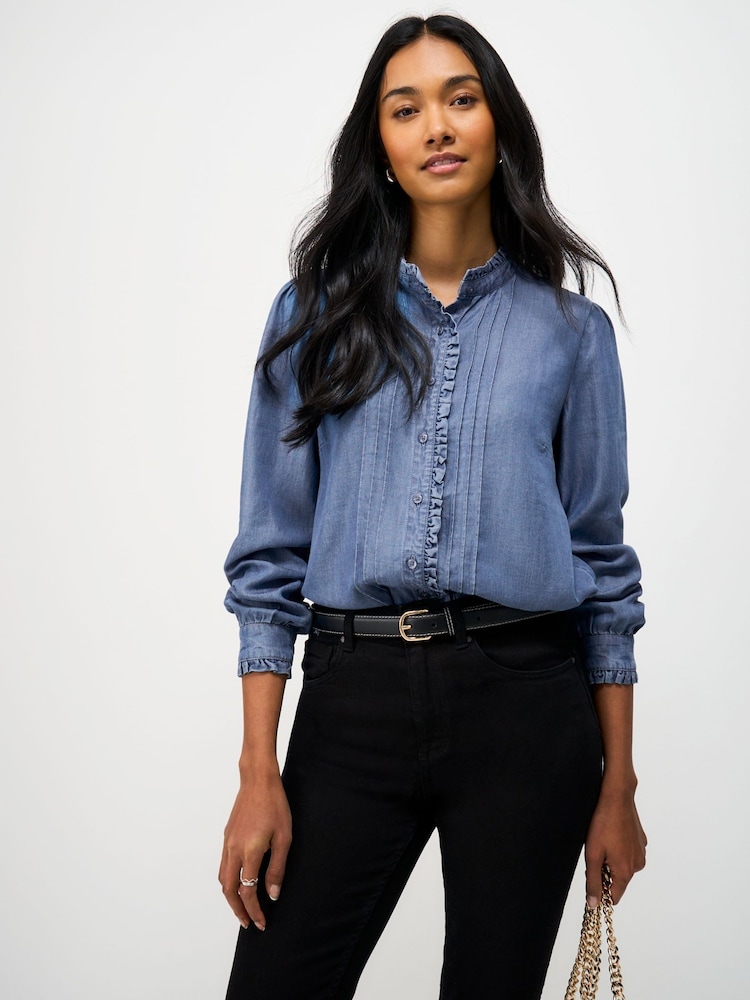 Crew Clothing Blue Emila Cotton-Chambray Frill Blouse - Image 1 of 5