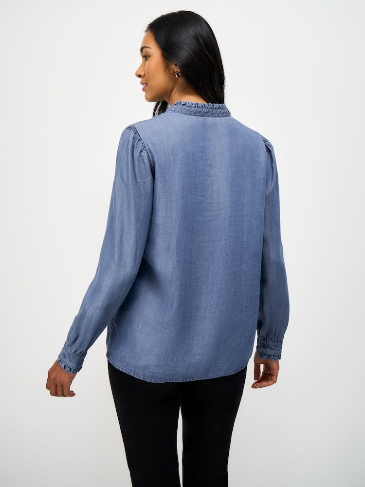 Crew Clothing Blue Emila Cotton-Chambray Frill Blouse - Image 2 of 5