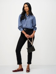 Crew Clothing Blue Emila Cotton-Chambray Frill Blouse - Image 3 of 5