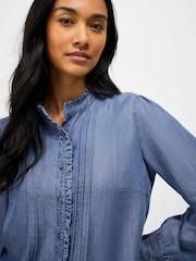 Crew Clothing Blue Emila Cotton-Chambray Frill Blouse - Image 4 of 5