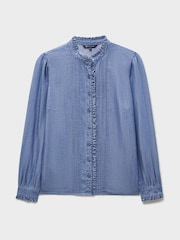 Crew Clothing Blue Emila Cotton-Chambray Frill Blouse - Image 5 of 5