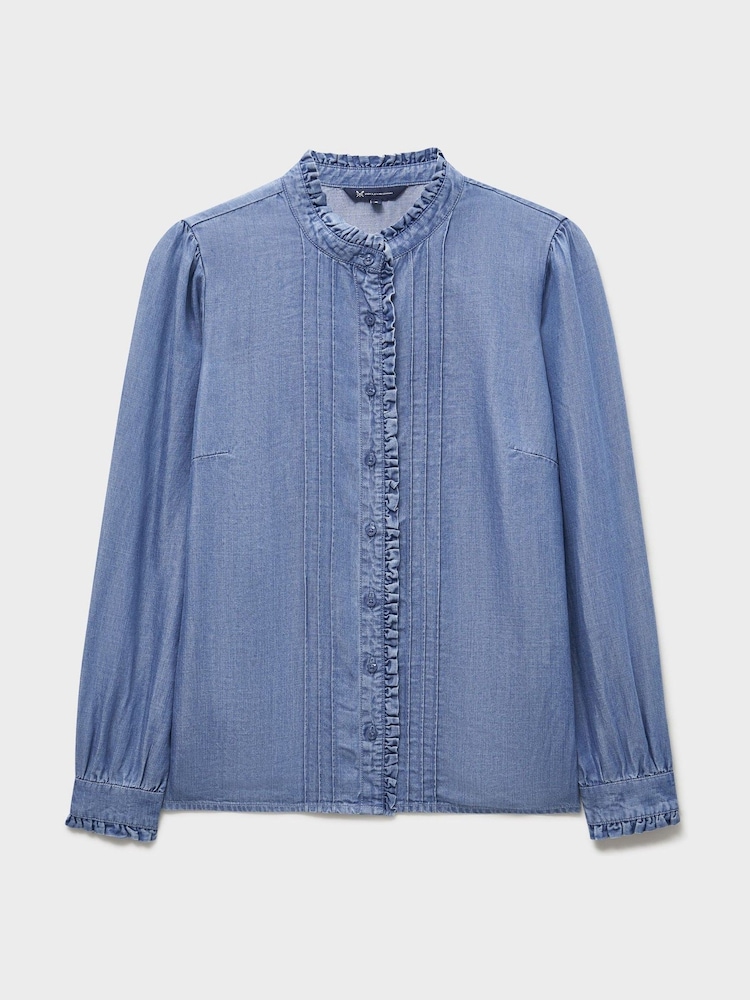 Crew Clothing Blue Emila Cotton-Chambray Frill Blouse - Image 5 of 5