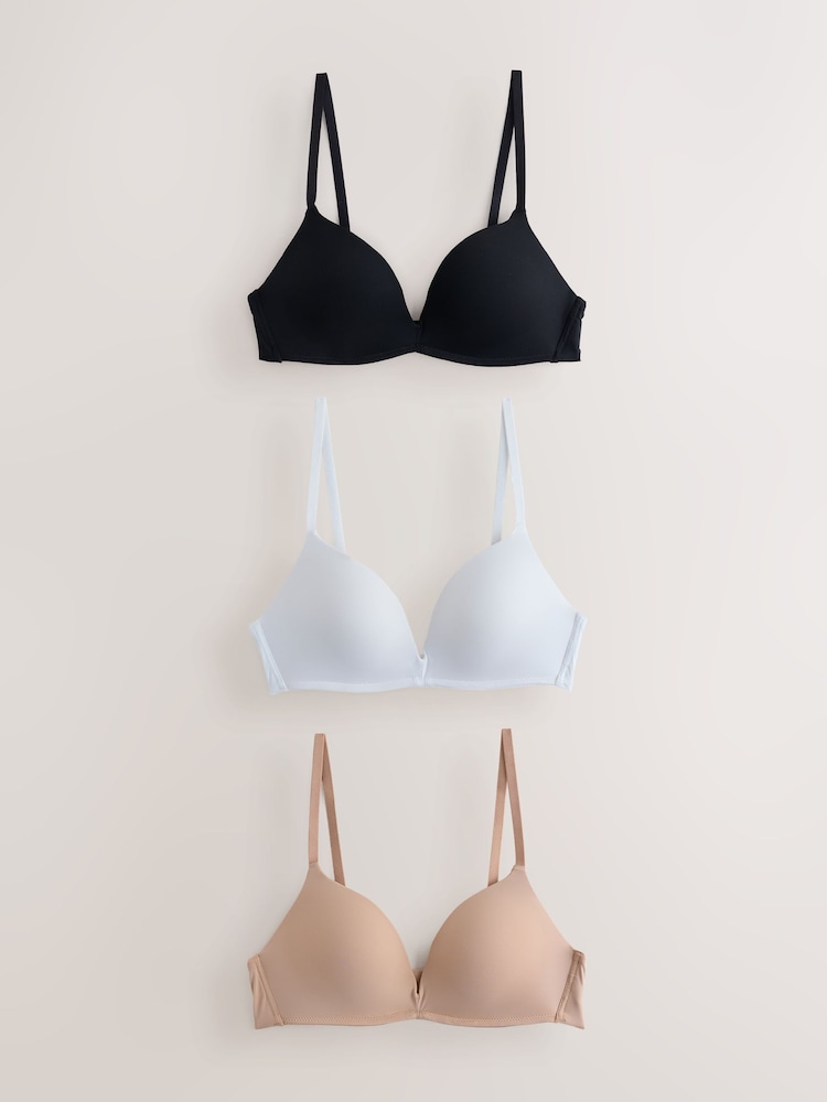 Black/White/Praline Nude Non Wired Push Up A-E Ultimate Comfort Smoothing T-Shirt Bras 3 Pack - Image 1 of 10 Black/White/Praline Nude Non Wired Push Up A-E Ultimate Comfort Smoothing T-Shirt Bras 3 Pack - Image 1 of 10