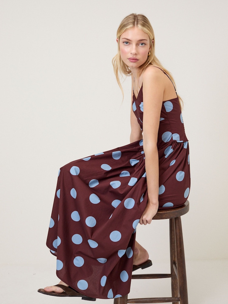 brown dress blue polka dots Karolie Halter Plunge Mini Dress Brown | Blue Polka Dot | Brown | Blue Polka Dot | Womens