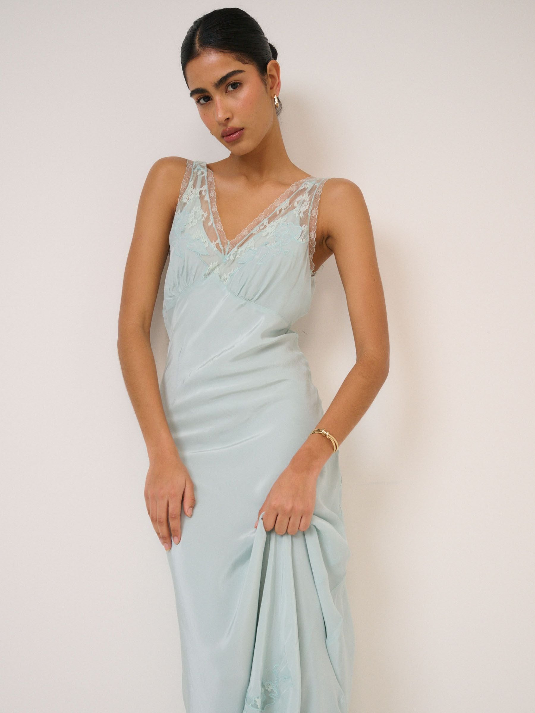 Buy Nobodys Child Blue Lenora Lace Detailing Midaxi Satin Slip
