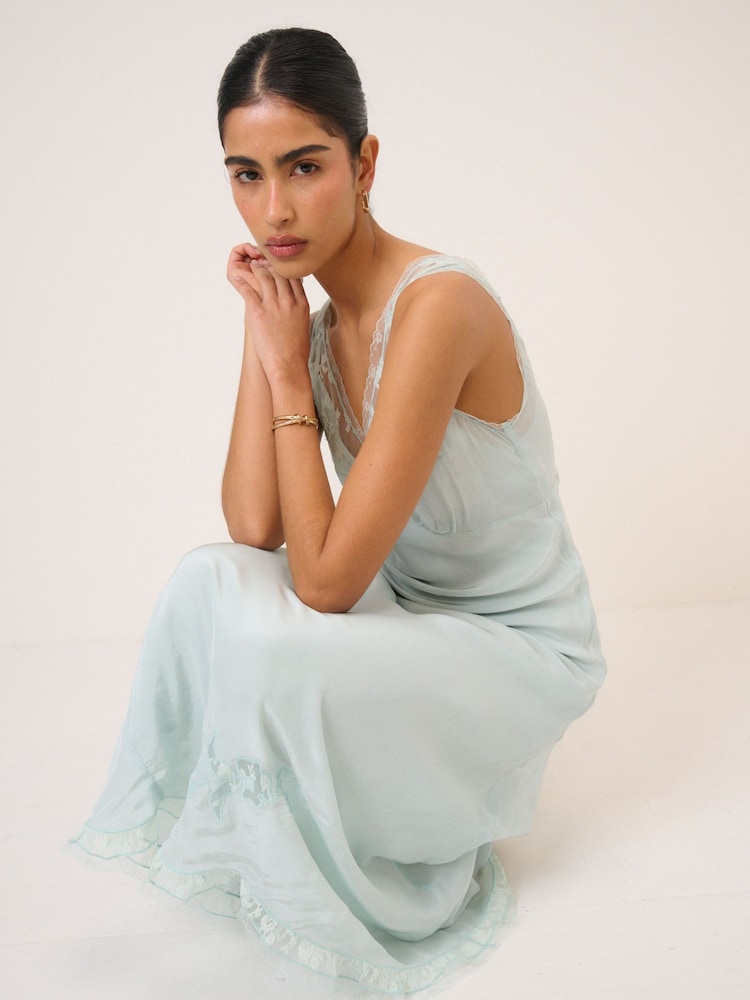 blue slip dress with white lace Vintage Y2K Victoria Secret Slip Dress Medium Blue Satin Lace Slit Bow Lingerie