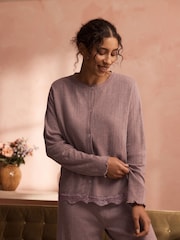 B by Ted Baker Mink Brown Branded Pointelle Knit Cardigan with Lace - Image 2 of 5