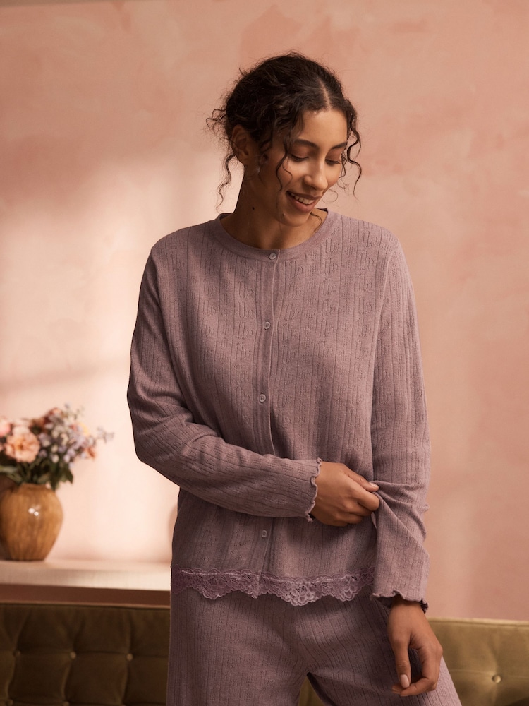 B by Ted Baker Mink Brown Branded Pointelle Knit Cardigan with Lace - Image 2 of 5