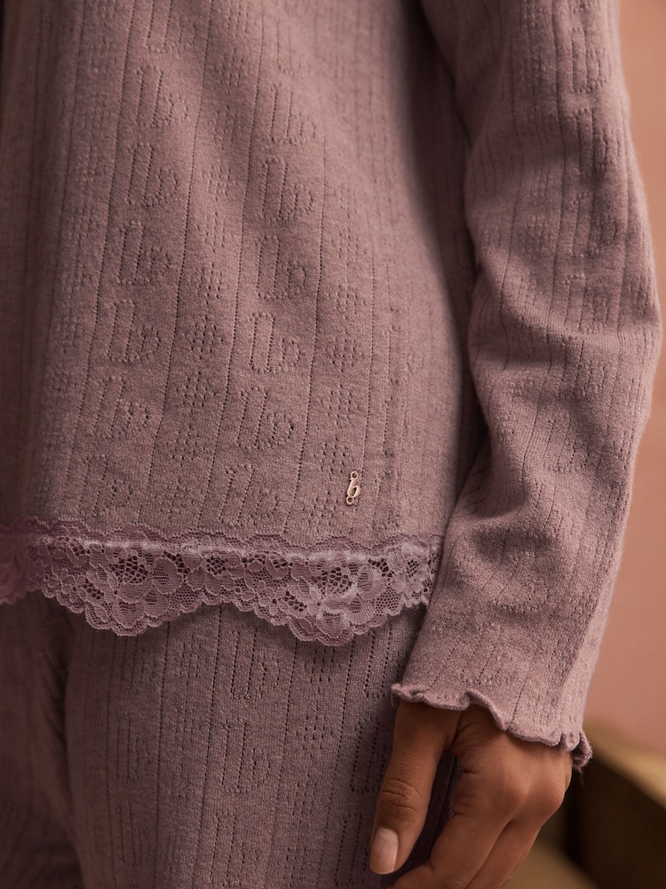 B by Ted Baker Mink Brown Branded Pointelle Knit Cardigan with Lace - Image 5 of 5
