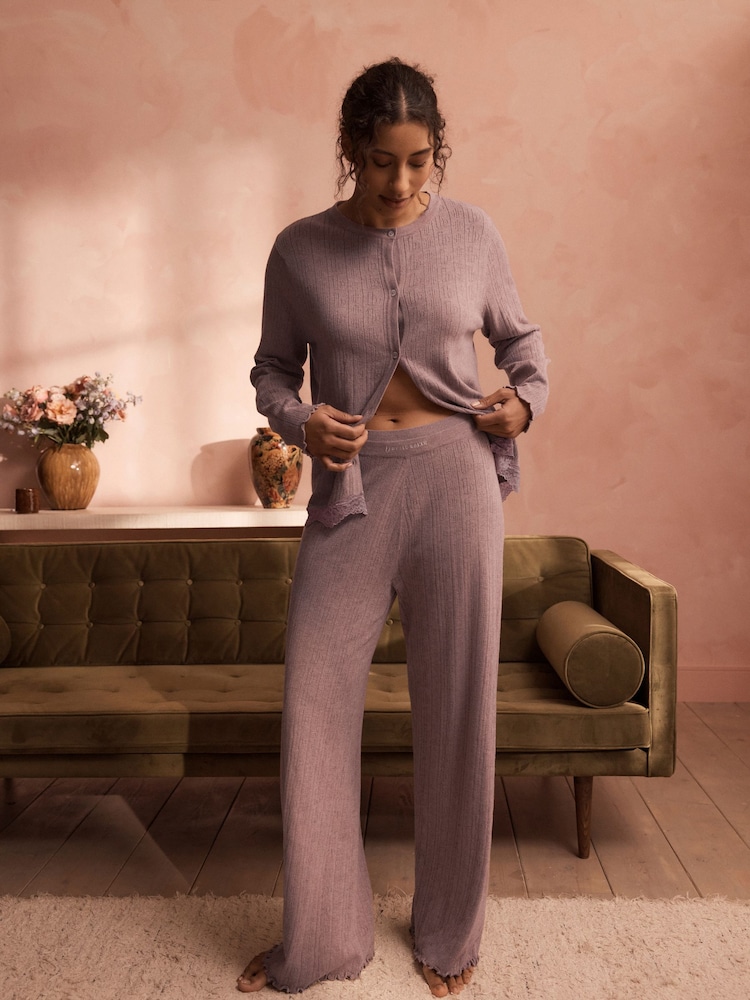 B by Ted Baker Mink Brown Branded Pointelle Knit Wide Leg Trousers - Image 1 of 5