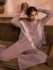 B by Ted Baker Mink Brown Branded Pointelle Knit Wide Leg Trousers - Image 3 of 5