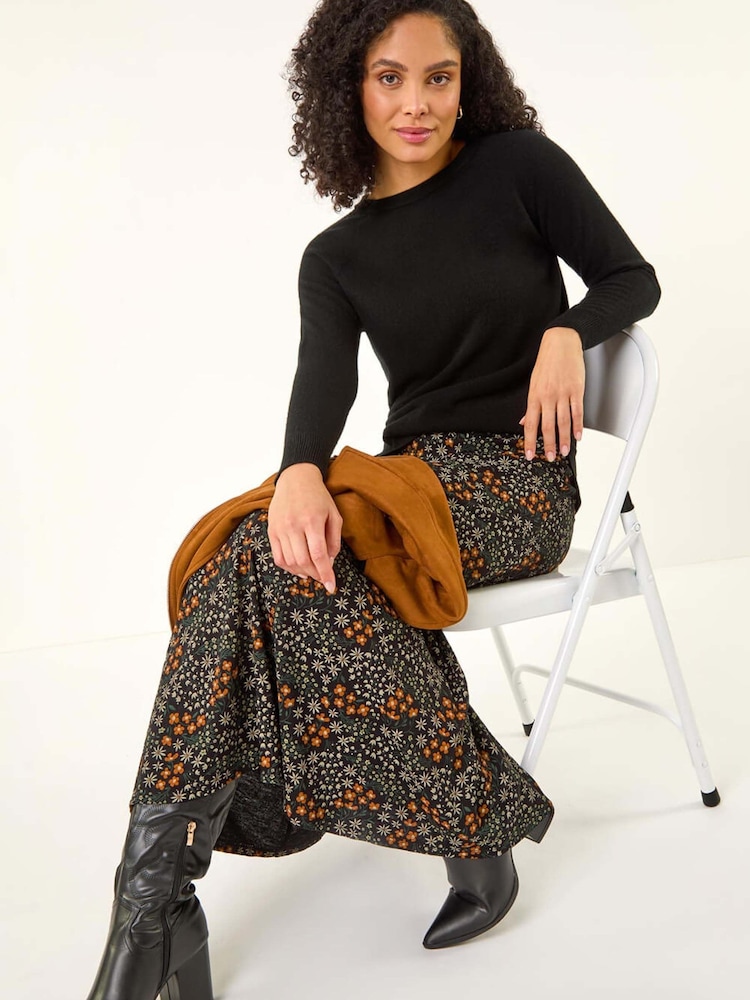 Roman Orange Ditsy Floral Print Stretch Midi Skirt - Image 1 of 5 Roman Orange Ditsy Floral Print Stretch Midi Skirt - Image 1 of 5