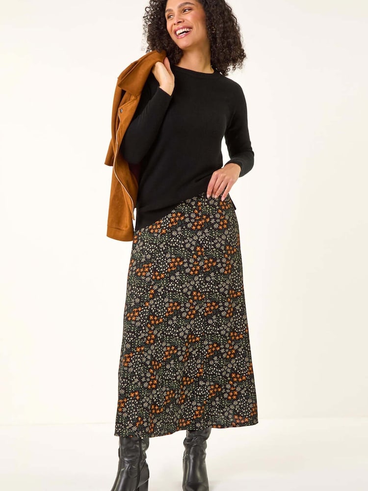 Roman Orange Ditsy Floral Print Stretch Midi Skirt - Image 2 of 5 Roman Orange Ditsy Floral Print Stretch Midi Skirt - Image 2 of 5