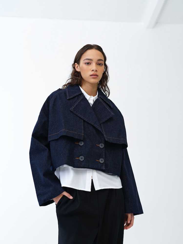 French Connection Blue Aussie Denim Cropped Trench Coat - Image 1 of 6