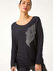 Roman Black Hotfix Feather Stretch Knit Top - Image 1 of 5