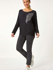 Roman Black Hotfix Feather Stretch Knit Top - Image 2 of 5