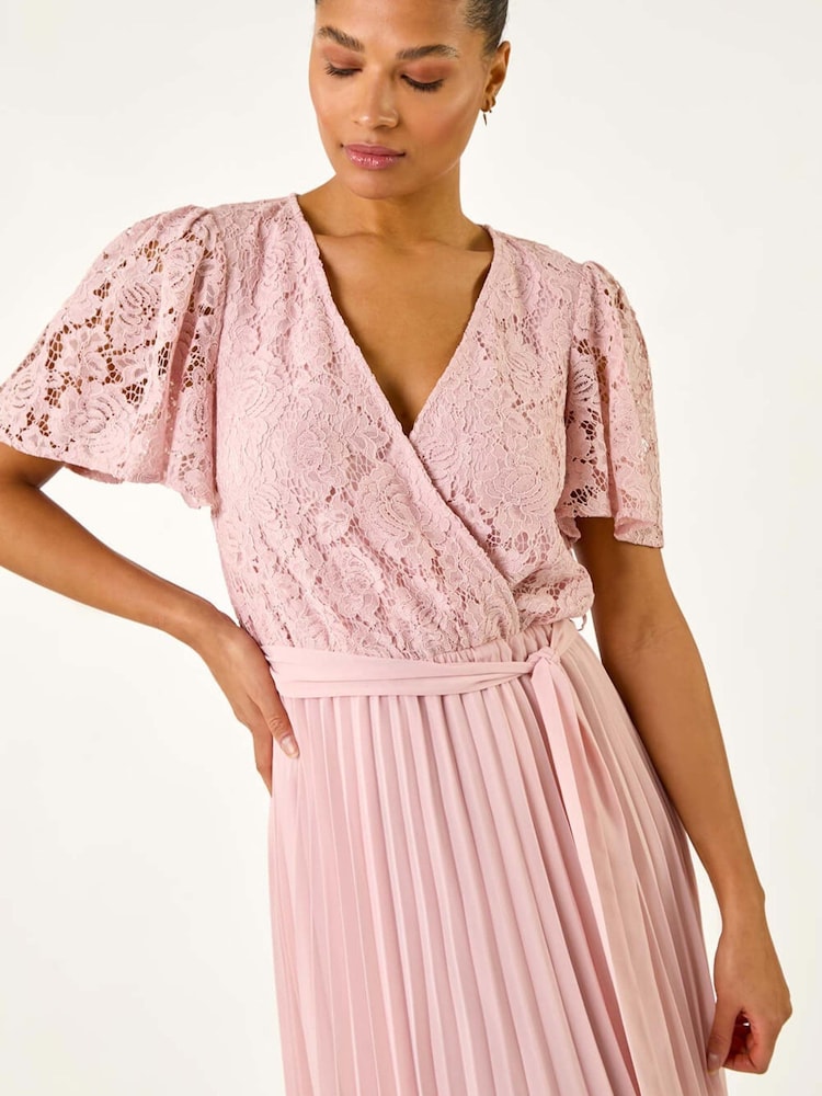 Roman Pink Lace Detail Wrap Midi Dress - Image 6 of 6