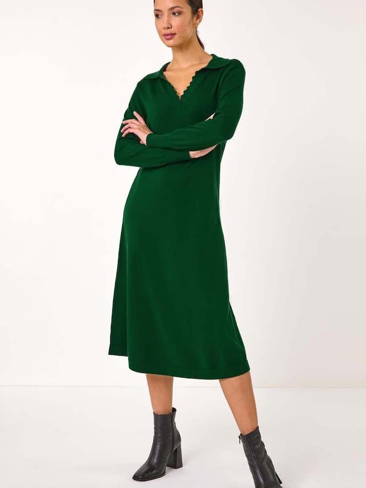 Roman Green Scallop Detail Knitted Midi Dress - Image 1 of 5 Roman Green Scallop Detail Knitted Midi Dress - Image 1 of 5