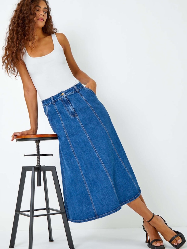 Roman Blue Cotton Denim Panelled Midi Skirt - Image 1 of 5 Roman Blue Cotton Denim Panelled Midi Skirt - Image 1 of 5