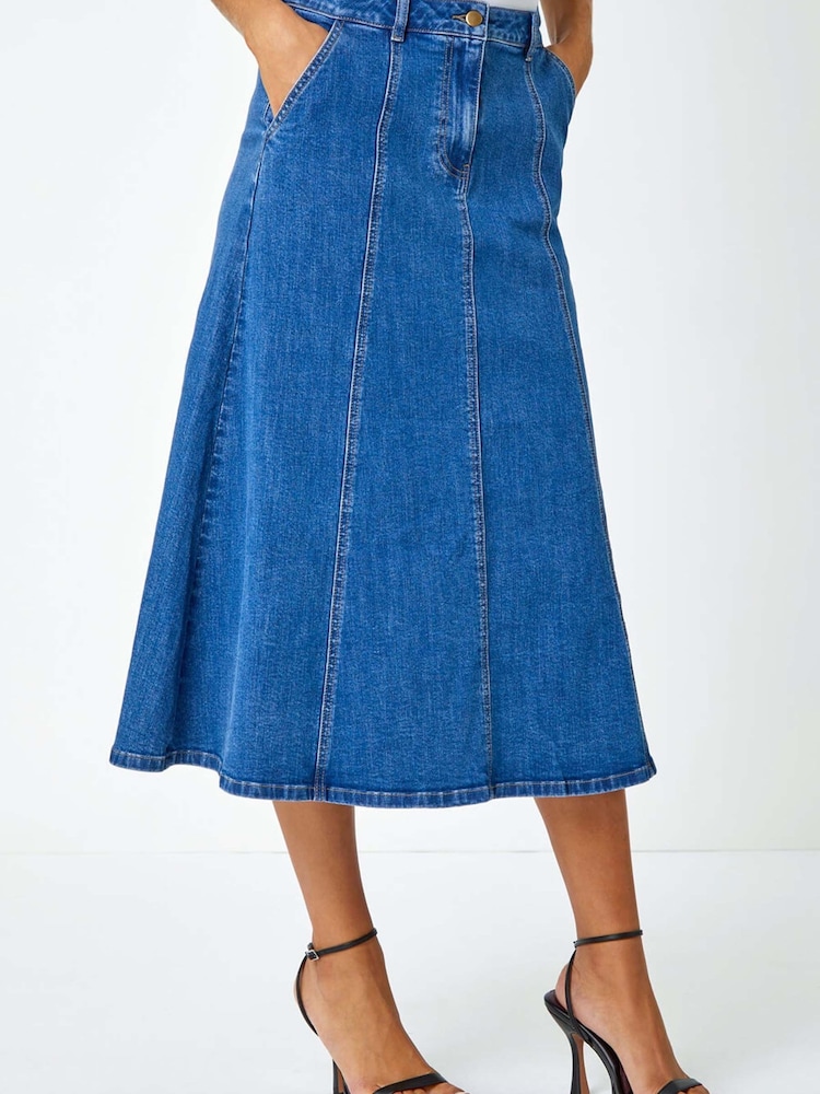 Roman Blue Cotton Denim Panelled Midi Skirt - Image 2 of 5 Roman Blue Cotton Denim Panelled Midi Skirt - Image 2 of 5