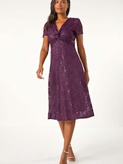 Roman Purple Sequin Lace Twist Front Midi Dress - Image 1 of 5