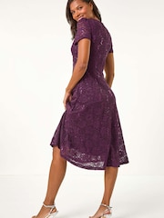 Roman Purple Sequin Lace Twist Front Midi Dress - Image 4 of 5