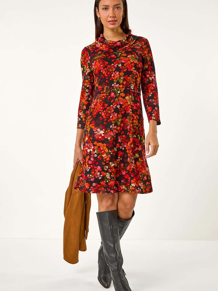 Vestido con estampado de hojas y cuello desbocado con detalle de lengüeta de Roman - Imagen 1 de 5