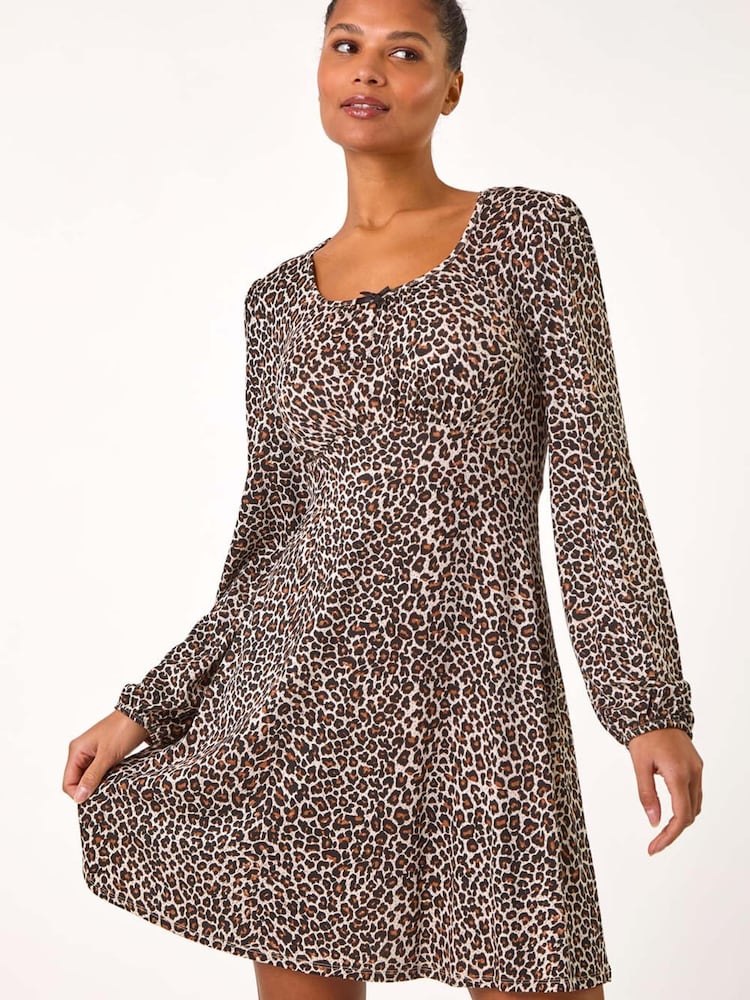 Roman Brown Animal Print Bow Mini Dress - Image 1 of 5 Roman Brown Animal Print Bow Mini Dress - Image 1 of 5
