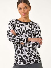 Roman Black Animal Print 3/4 Sleeve Knit Jumper - Image 1 of 5