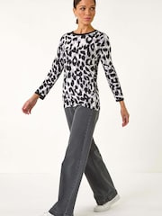 Roman Black Animal Print 3/4 Sleeve Knit Jumper - Image 2 of 5