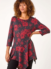 Roman Red Floral Print Hanky Hem Tunic Top - Image 1 of 5