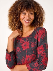 Roman Red Floral Print Hanky Hem Tunic Top - Image 3 of 5
